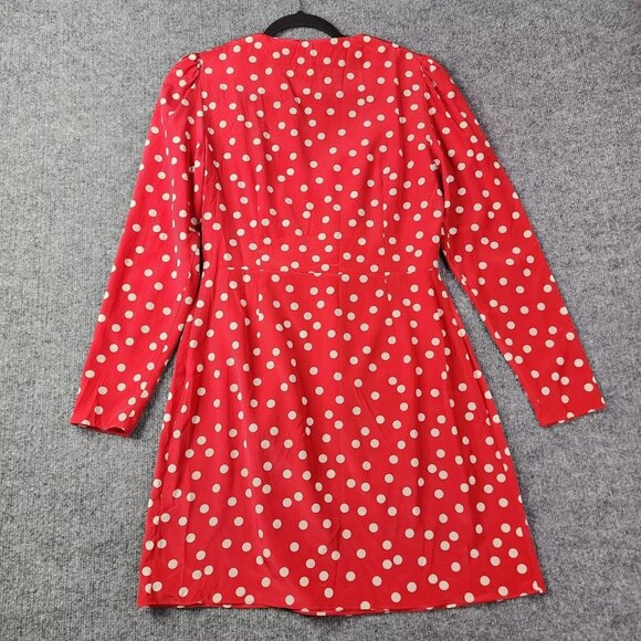 Intermix Silk Women's Polka Dot Long Sleeve V Neck Ruffle Dress Red - Picture 2 of 10